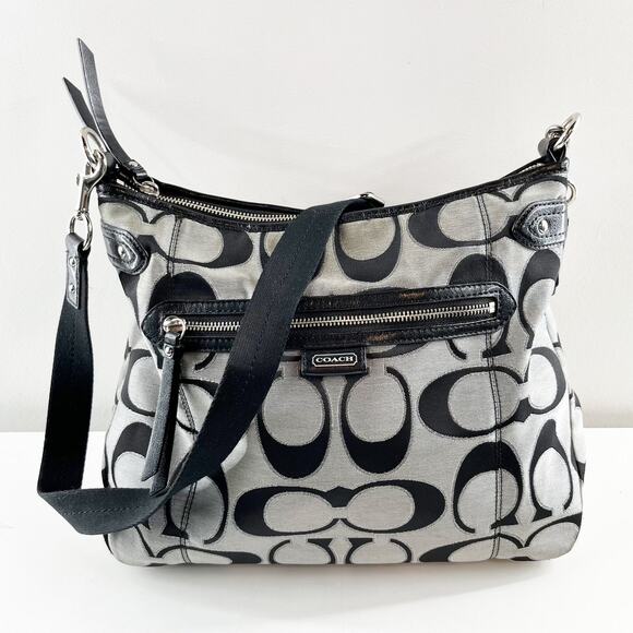 Coach Daisy Signature C Logo Canvas Hobo Shoulder Bag Purse Gray Black - Picture 1 of 10